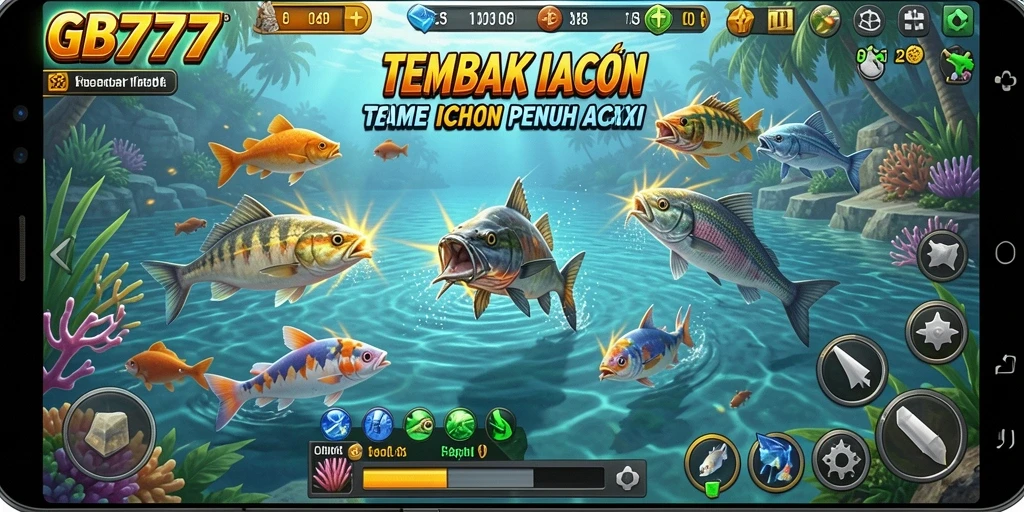 Screenshot gameplay GB777 yang menampilkan aksi menembak ikan dengan intens.