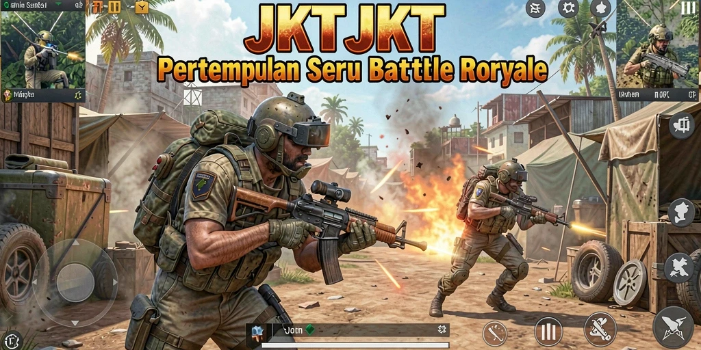 Screenshot JKTJKT menampilkan aksi pertempuran seru di arena Battle Royale.