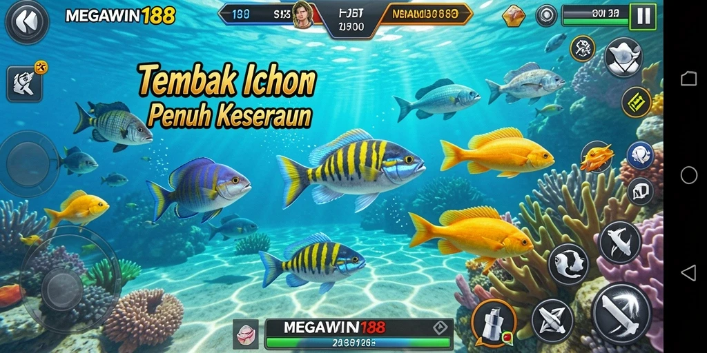 Tampilan layar gameplay MEGAWIN188 saat menembak ikan.
