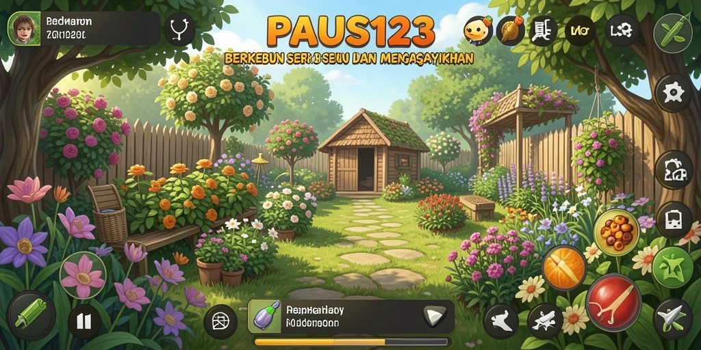 Tampilan gameplay PAUS123 dengan berbagai tanaman yang subur.