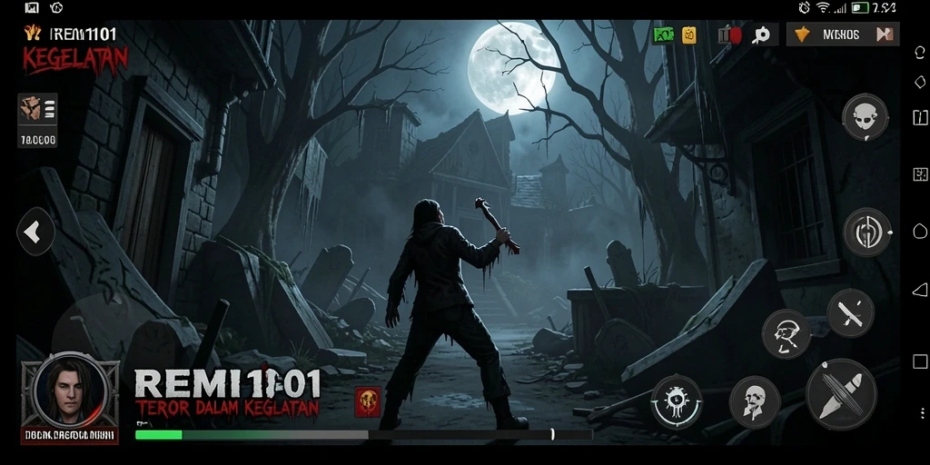 Screenshot REMI101 menampilkan suasana menyeramkan yang khas.